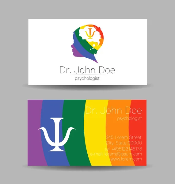 Psykologi Vektor Business Visit Card med Brev Psi Psy och Human Head in Profile. Modern logotyp Creative Colorful Rainbow stil. Barn Silhouette Design koncept för Branding Identitet — Stock vektor