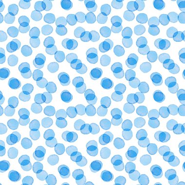 El boyalı fırça, puantiyeli, dikişsiz suluboya deseni. Mavi renkli soyut suluboya yuvarlak halkalar. Kumaş ve Arkaplan için Sanatsal Tasarım