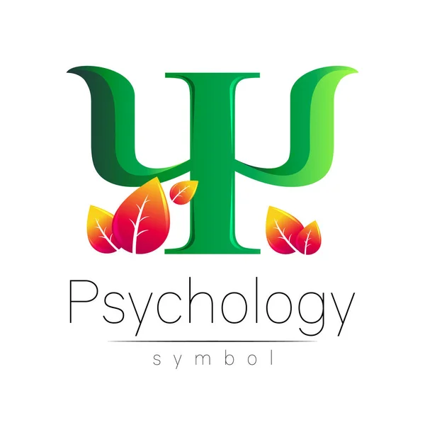 Modern Vector logo of Psychology Green Letter Psi with Leaves in Creative style. Logotype in vector. 디자인 개념. 브랜드 회사. 흰 배경에 고립됨. — 스톡 벡터