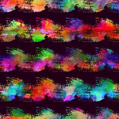 Suluboya Fırça Çizgileri Kusursuz Şablon Grange Geometrik Tasarımı Gökkuşağı Rengi. Suluboya Modern Strokes Grung Kolajı Koyu Mor Arkaplan