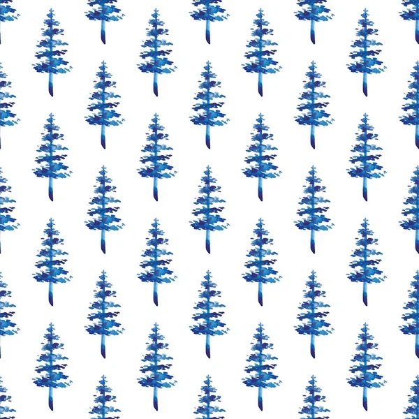 XMAS acuarela árbol de abeto patrón sin costura en color azul. Pino pino pintado a mano fondo o fondo de pantalla para ornamento, envoltura o decoración de Navidad —  Fotos de Stock