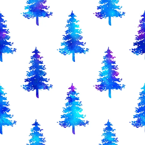 XMAS watercolour Fir Tree Seamless Pattern in Blue Color on white background. Hand-Painted Watercolor Spruce Pine tree wallpaper for Ornament, Wrapping or Christmas Decoration — Stock Photo, Image