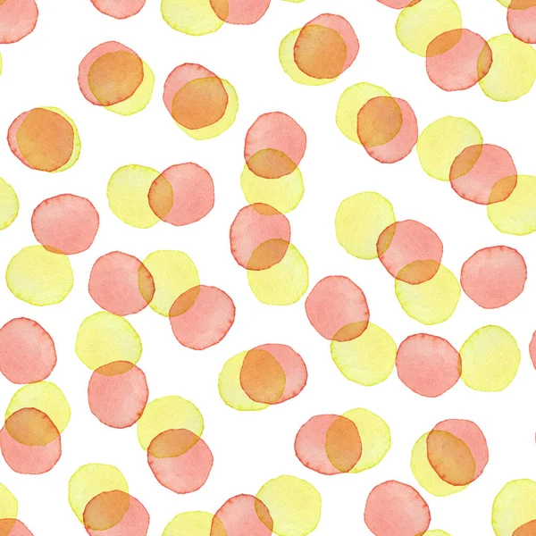 Handmålad borste Polka Dot Sömlös akvarell mönster. Abstrakt akvarell runda cirklar i röd gul sommarfärg. Konstnärlig design för tyg och bakgrund — Stockfoto