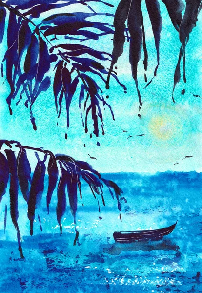 Palmeiras Aquarela Ilustração Arte Original Palma Folhas Pintura Artística no papel. Sunrise Sea Ocean em cores azuis. Pode ser usado para impressão de papel de parede e fundo — Fotografia de Stock