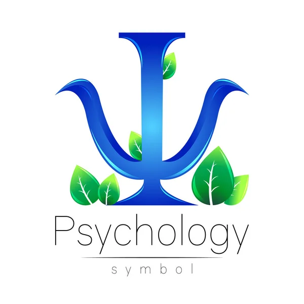 Logo vectoriel moderne de la psychologie Lettre Psi avec feuilles dans le style créatif. Logotype dans le vecteur. Concept de design. Entreprise de marque. Couleur bleue sur fond blanc. — Image vectorielle