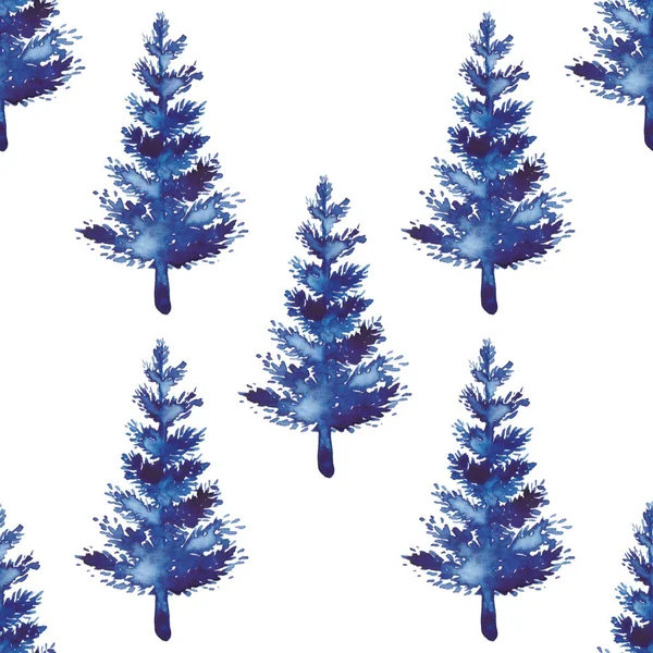 XMAS akwarela Fir Tree Płynny wzór w kolorze niebieskim. Ręcznie malowany świerk Sosna tle drzewa lub tapety do ozdoby, owijania lub dekoracji świątecznej — Zdjęcie stockowe
