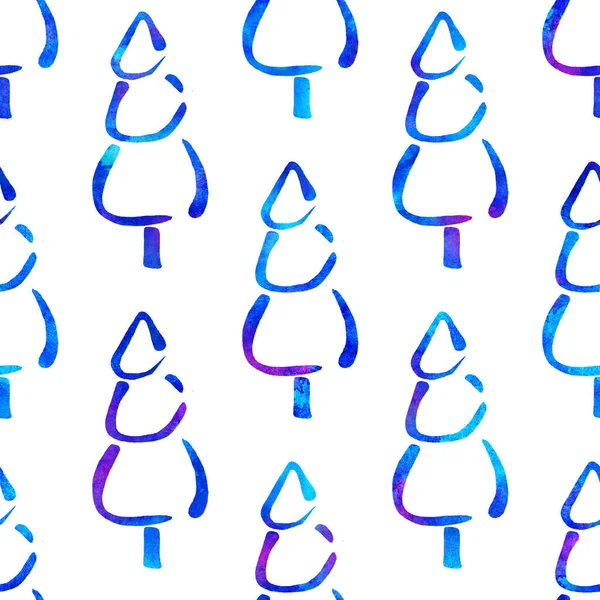 XMAS acquerello Abete Seamless Pattern in colore blu su sfondo bianco. Carta da parati dipinta a mano abete rosso pino per ornamento, avvolgimento o decorazione di Natale — Foto Stock