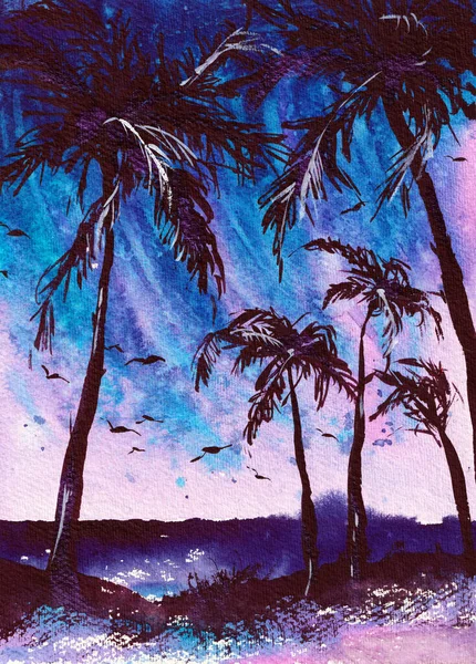 Palm Bomen Aquarel Illustratie Originele Kunst Tropisch Strand Artistieke Schilderen op het papier. Zonsondergang in Violet Black en Blue Colors. Kan gebruikt worden voor Wallpaper Print en Achtergrond — Stockfoto