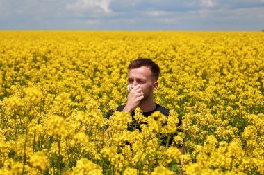 Kolza tarlasında polene alerjisi olan bir adam burnunu kapatır..