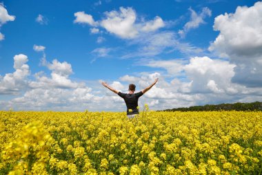 Kolza tohumu tarlasında elleri havada mutlu bir çiftçi duruyor..