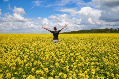 Kolza tohumu tarlasında elleri havada mutlu bir çiftçi duruyor..