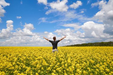 Kolza tohumu tarlasında elleri havada mutlu bir çiftçi duruyor..
