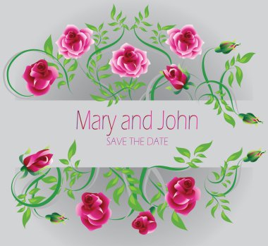 Düğün kartı. Mary ve John. Pembe Gül düğün davetiyesi süsleyin. Vektör görüntü.