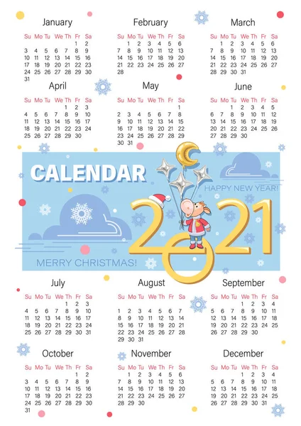 Bull, calendário 2021. Pequeno bezerro. Símbolo chinês de Ano Novo 2021. Feliz Natal. Bonito touro com balões — Vetor de Stock