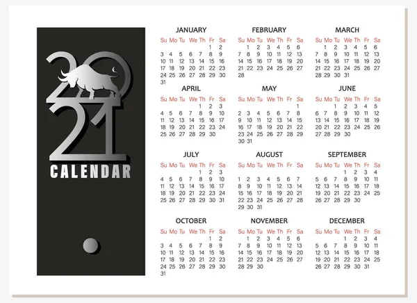 Sylwetka Byka. Kalendarz. Rok 2021. Chiński Nowy Rok. Srebrny symbol byka, liczby. Główne duże liczby — Wektor stockowy