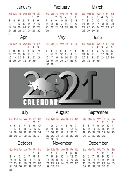 Pieprzenie. Rok 2021. Pionowy kalendarz. Chiński Nowy Rok. Srebrny godło z sylwetka byk i liczba. — Wektor stockowy