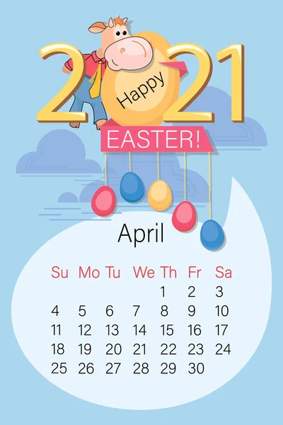 Abril 2021 Calendario Toros Feliz Pascua Divertido Becerro Fondo Grandes — Archivo Imágenes Vectoriales
