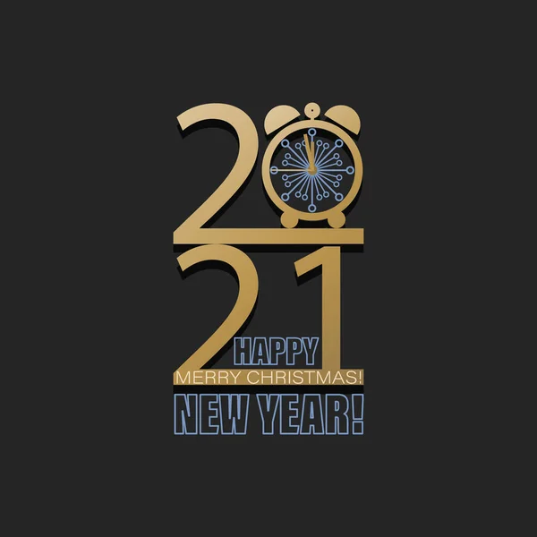 New Year 2021. Holidays time. Vector large numbers, clock face with snowflakes. Logo, emblem. Cover of business diary, calendar, banner with snowflakes, modern gold shape on black background.