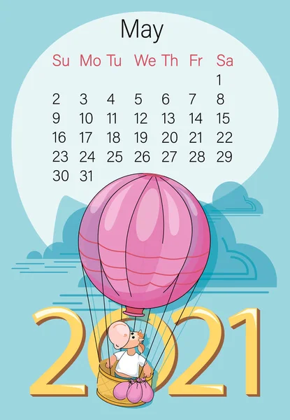 Maj 2021 Biurowy Kalendarz Wiosenne Podróże Śmieszne Cielę Koszu Balonowym — Wektor stockowy