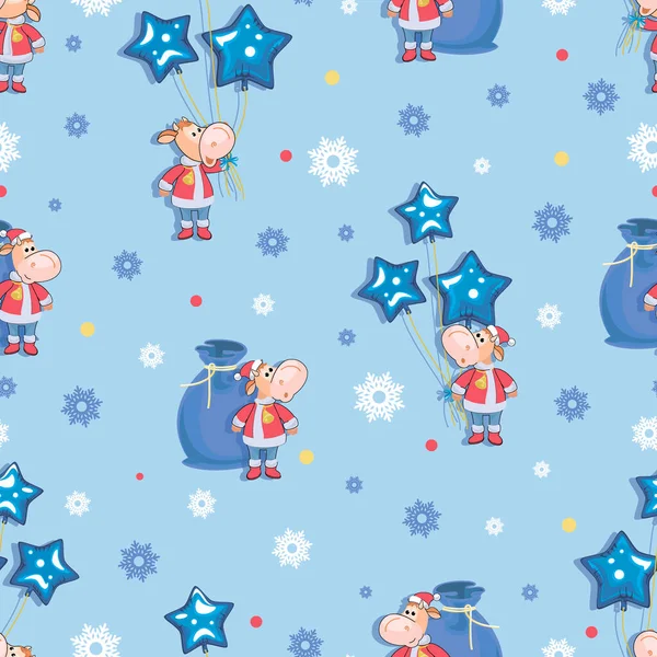 Bol. 2021. Ternero. Santa Claus. Fondo festivo de invierno. Lindo ternero. Fondo sin costuras — Vector de stock