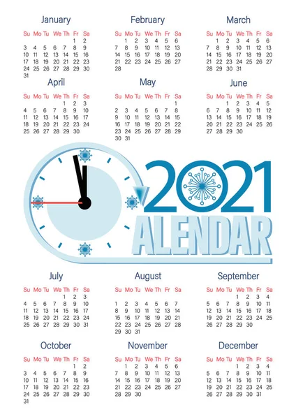 Nowy Rok 2021. Kalendarz. Zegar wektorowy. Czas ucieka. Kalendarz projektów lakonicznych z zegarem. — Wektor stockowy