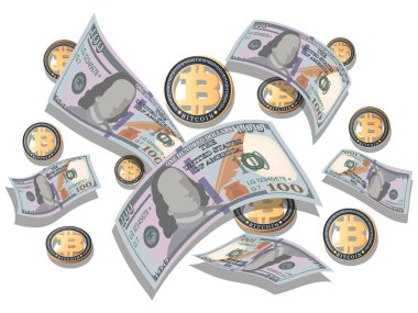 Bitcoin. Dolar banknotları. Vektör para geçmişi. Yüz Dolarlık banknotlar, beyaz arka planda paralar uçuşuyor. İş konsepti. Amerikan para işareti. İş projesi, web sitesi, poster tasarımı.