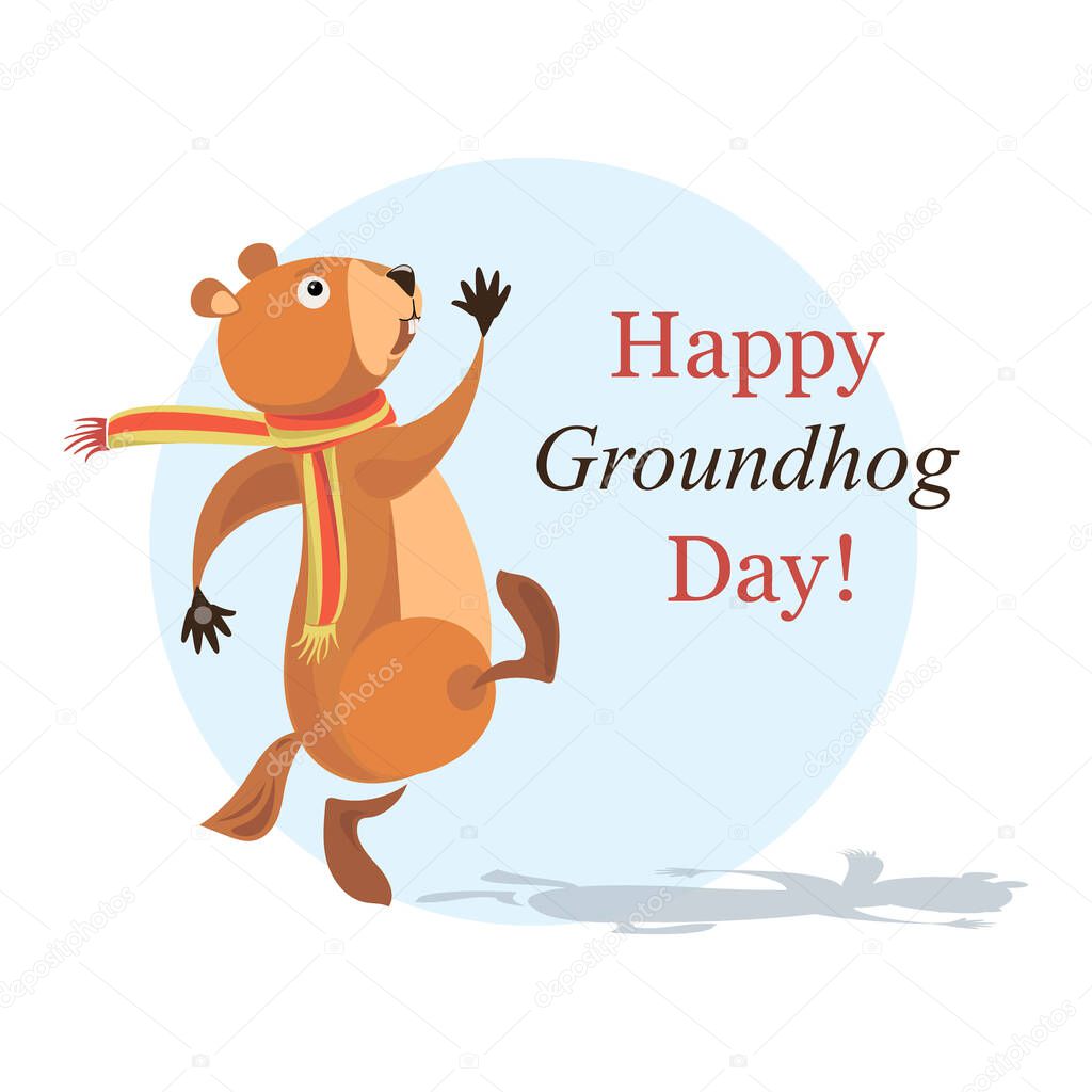 Groundhog, shadow. Happy Groundhog Day. Cute walking marmot. Vector illustration design with funny character isolated on white background. Flat design.