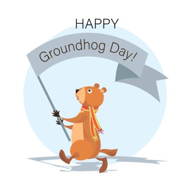 Köstebek Günün kutlu olsun. Bayrağı, bayrağı ve gölgesi olan şirin bir dağ sıçanı. Beyaz arkaplanda izole edilmiş komik karakterli vektör illüstrasyon tasarımı. Düz tasarım.