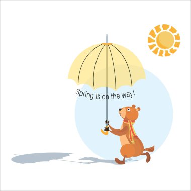 Köstebek Günü. Köstebek elinde şemsiye tutuyor. Güneşli bir gün. Bahar geliyor. Dağ sıçanı, güneş, gölge.