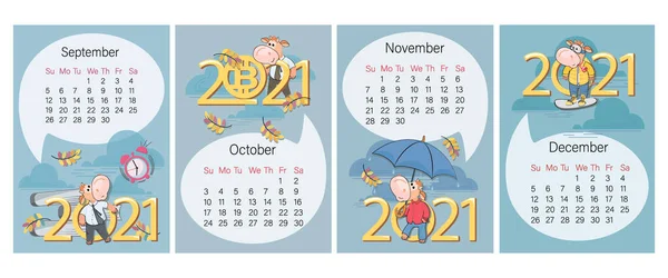 Jesień, zimowy kalendarz 2021. Gotowe. wrzesień, październik, listopad Śmieszne cielę z budzikiem, jesień. — Wektor stockowy