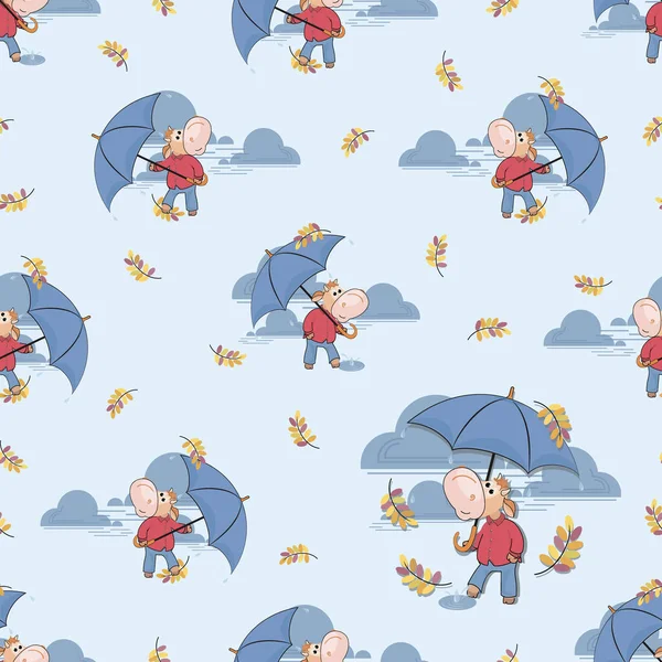 Fall rain. Funny calf walking in the rain. Rainy time. Autumn month. Cute bull with umbrella 