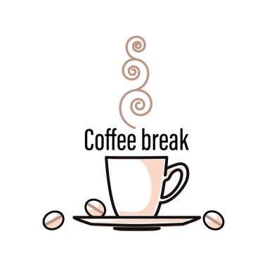 Kahve molası. Simge, amblem. Kahve zamanı. Beyaz arka planda ağ ve cep telefonu için doğrusal sembol. Kahve fincanı ve kahve çekirdeği. Beyaz arkaplanda izole edilmiş vektör grafik illüstrasyonu.