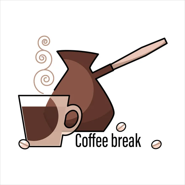 Kaffeepause Kaffee Cezve Tasse Und Kaffeebohnen Symbol Emblem Kaffeezeit Lineares — Stockvektor