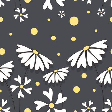 Papatya tarlası. Vektör çiçek bitkisel arka plan. Çiçekli yatak. Çiçek papatyasının kusursuz deseni