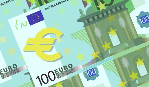 100 notas de euro. Dinheiro. Fundo europeu. Quinhentas notas de euro Desenho para poster, artigo. —  Vetores de Stock