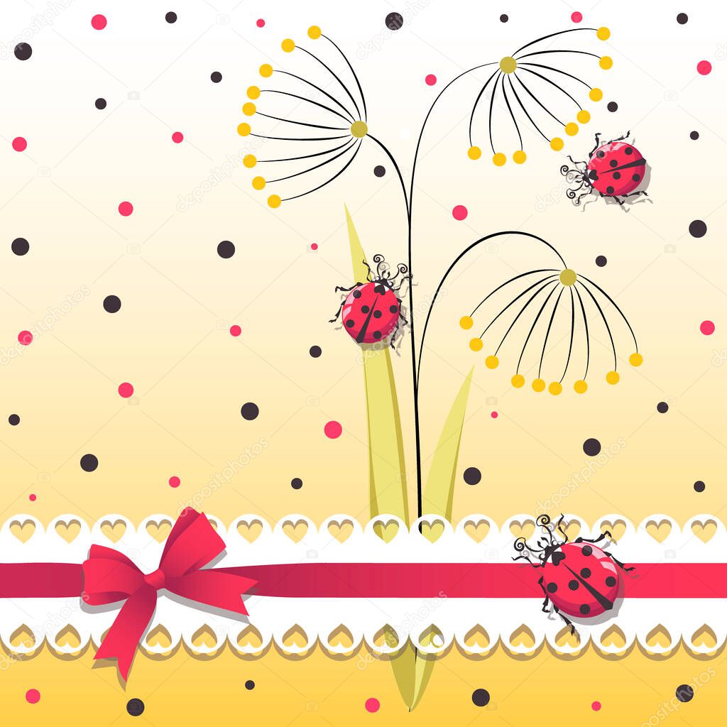 Ladybugs. Vector cartoon character. Cute red ladybugs with an openwork ribbon and bow and polka dots