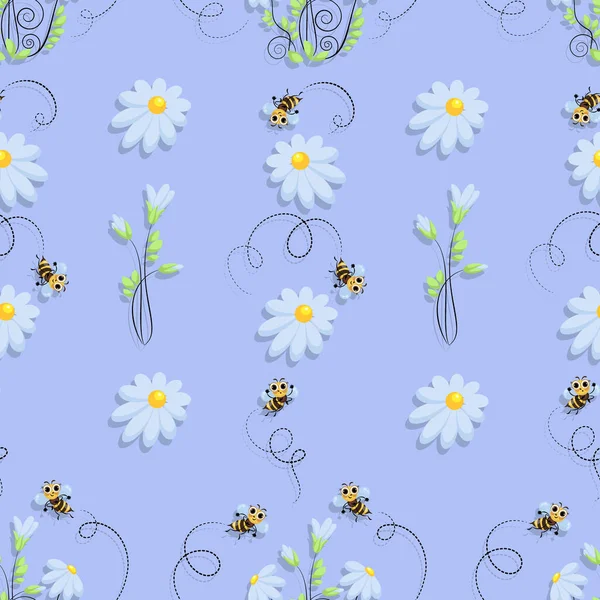Bijen Vector Achtergrond Bijenzwerm Een Camomile Weide Bijenweide Leuke Stripfiguur — Stockvector