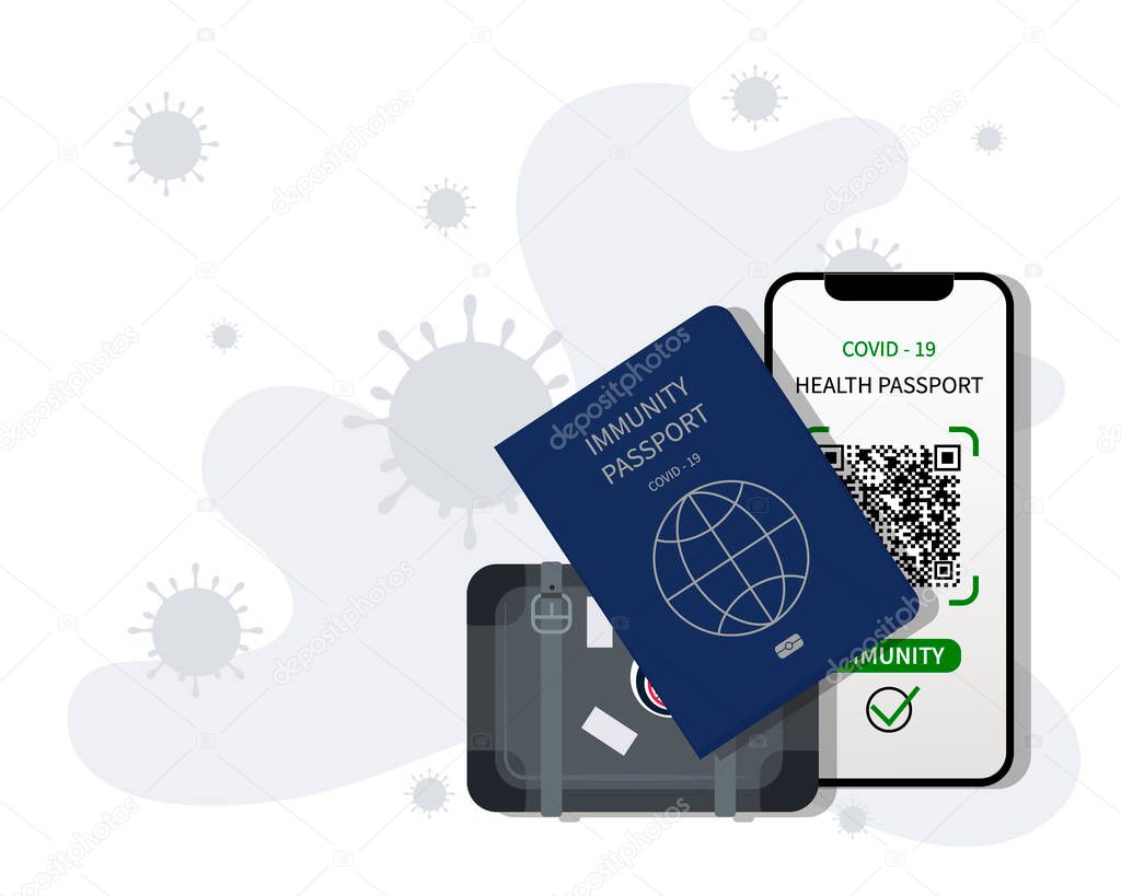 Suitcase. Vaccination passport, digital health passport, mobile phone. Test results for immunity from covid 19. Traveling during and after pandemic. Poster. Vector illustration. 