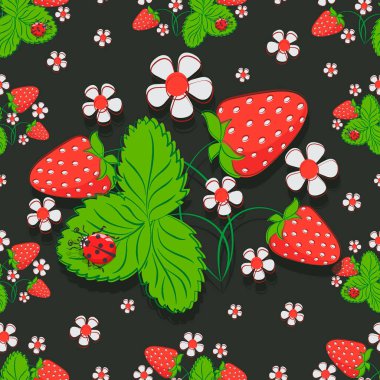 Çilek çayırı. Bahçe çilekleri. Vektör arkaplanı. Tekstil ve ambalaj malzemeleri için tasarım.