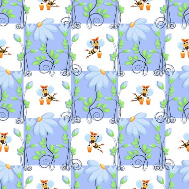 Arılar sürüsü. Organik, doğal çiçek balı. Bal ürünleri. Vektör kontrollü arkaplan. Papatya çayırında bal kovaları dolu komik bir arı. Kusursuz desen. Düz biçimli vektör illüstrasyonu. 