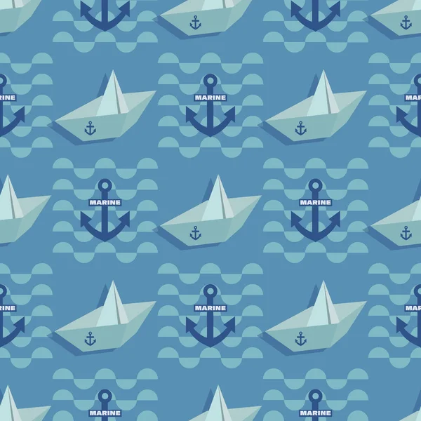 Bateau Papier Ancre Fond Onde Marine Gabarit Géométrique Vectoriel Motif — Image vectorielle