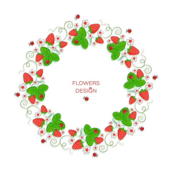 Baies mûres, fraises de jardin.Strawberry. Cadre vectoriel. Bordure florale ronde. — Image vectorielle