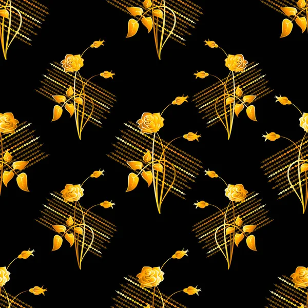 Oro, rosas brillantes, ramo. Vector fondo vintage. Patrón sin costura con imagen de una rosa de oro. — Archivo Imágenes Vectoriales