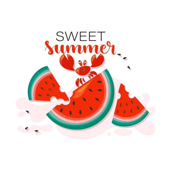 Ripe Juicy Watermelon Slices Vector Funny Crab Sweet Summer Wonderful — Stock Vector