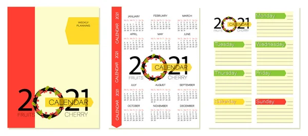 2021年樱桃浆果日历 准备好了设计封面设计 每周计划 日历和水果组织者 1以简约的风格规划日志 矢量说明 — 图库矢量图片