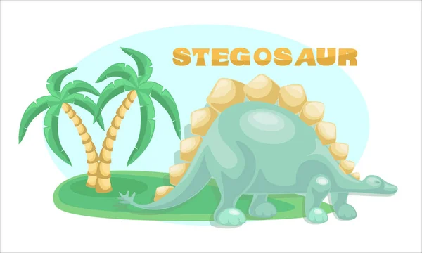 Een Dino Stegosaurus Achtergrond Kokosnoot Boom Leuke Dinosaurus Vector Tekening — Stockvector