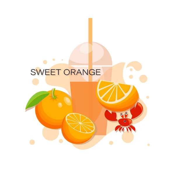 Dulce Naranja Jugo Fresco Frutas Tropicales Lindo Cangrejo Con Rodaja — Vector de stock