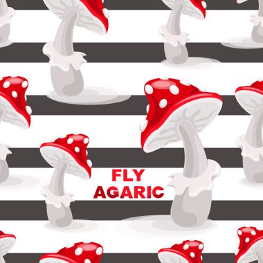 Uçan agarik mantarlar. İzole vektör şablonu, beyaz çizgili arka planda desen. Sivri sinek desenli kusursuz bir model. Zehirli orman mantarı. Vektör çizimi. Vektör illüstrasyonu