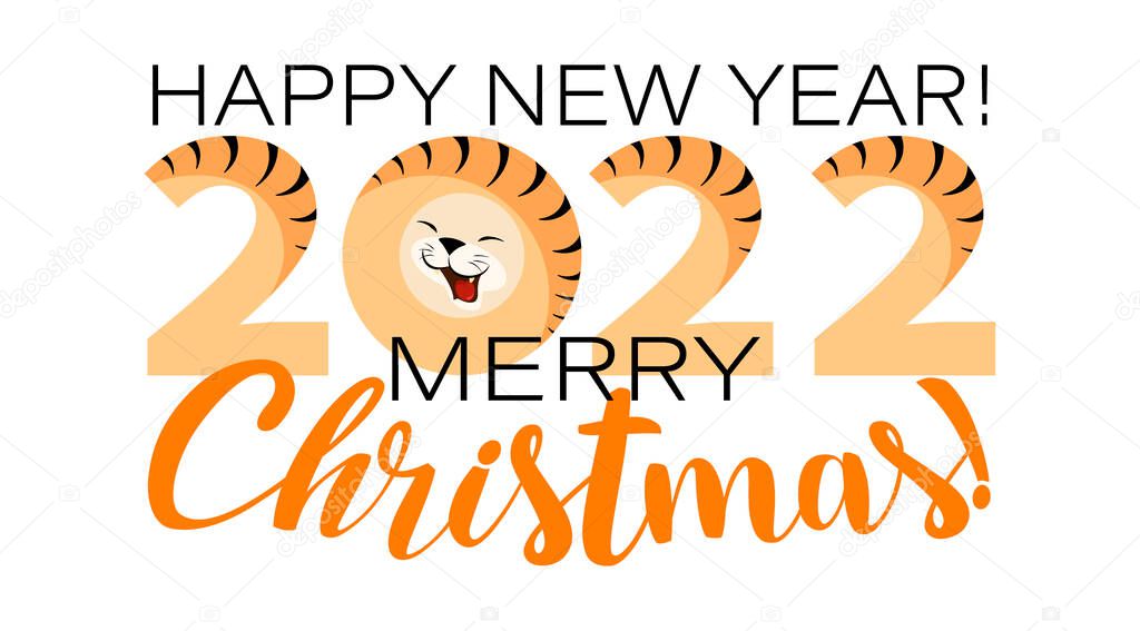 2022 year. Chinese calenda. East Clendar Year of the Tiger. Happy New Year greetings. Design for a postcard, calendar cover with numbers and a funny face. Vector illustration