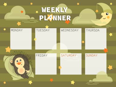 Genç Ay. Kirpi. Haftalık planlama için sevimli, komik karakterli çocuk organizatörü.